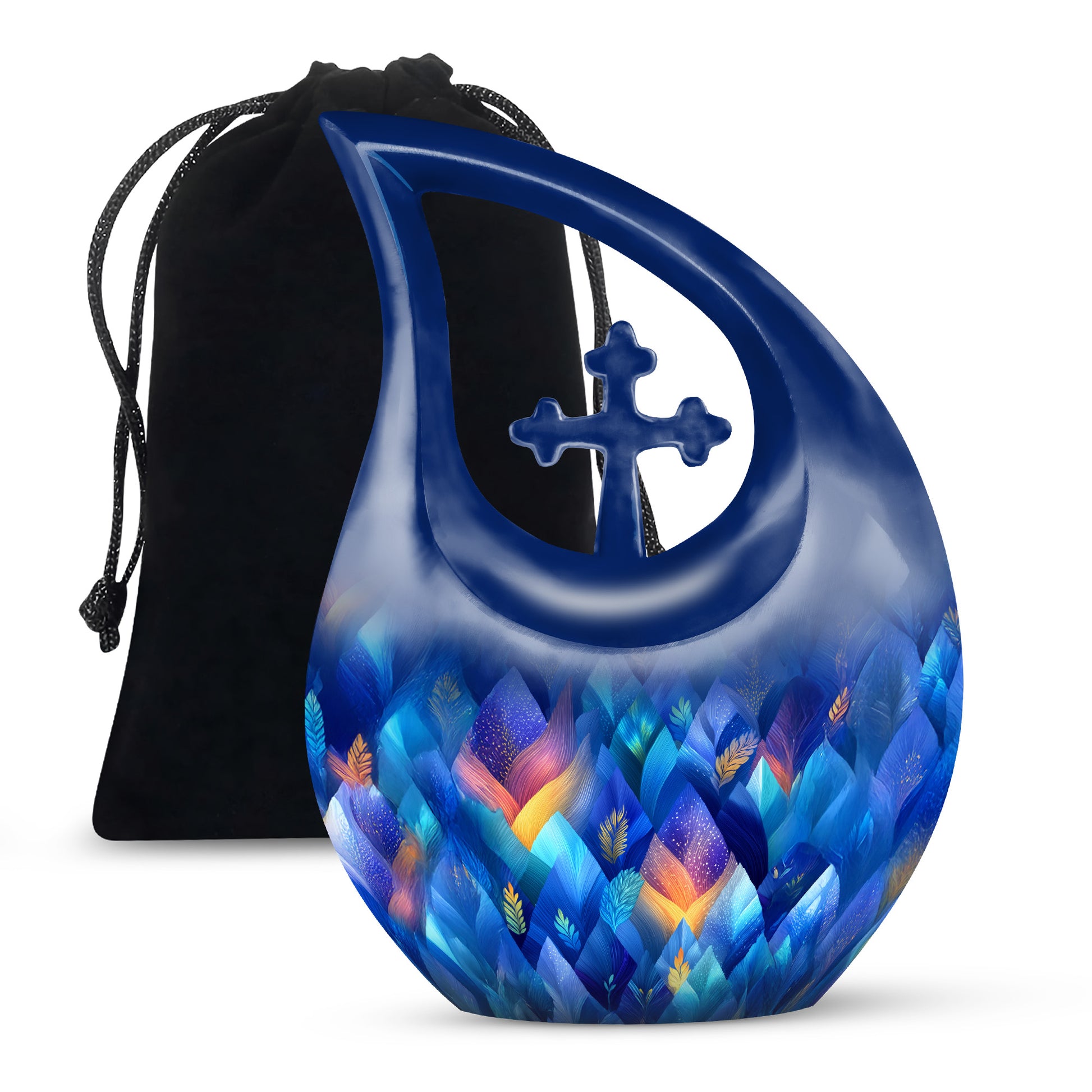 Royal Blue Blue Cremation Urn top-down view of secure threaded lid - devotional cross-drop blue engraving - full-size 10 inch 200 cubic inch adult cremation urn