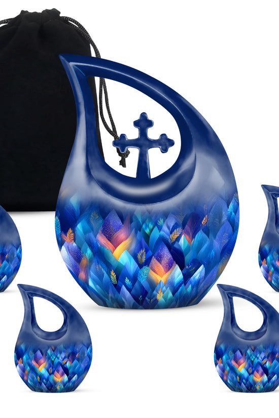 Azure Blue Cremation Urn urn with complimentary velvet bag - cross and blue combined in spiritual memorial design - memorial set with one large and four small urns