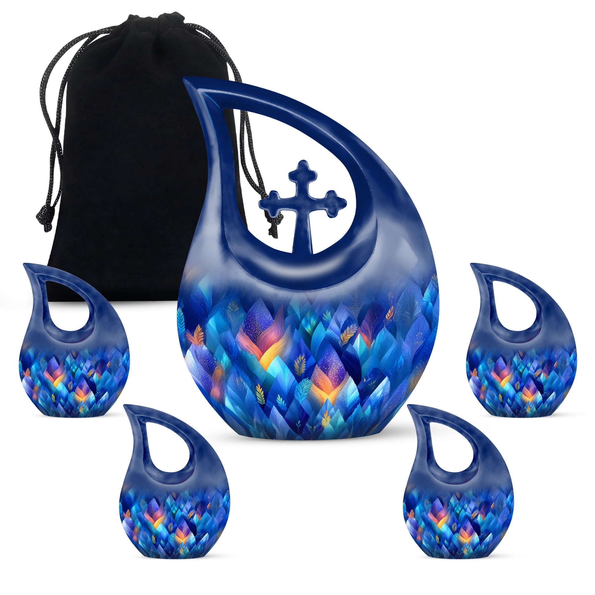 Azure Blue Cremation Urn urn with complimentary velvet bag - cross and blue combined in spiritual memorial design - memorial set with one large and four small urns