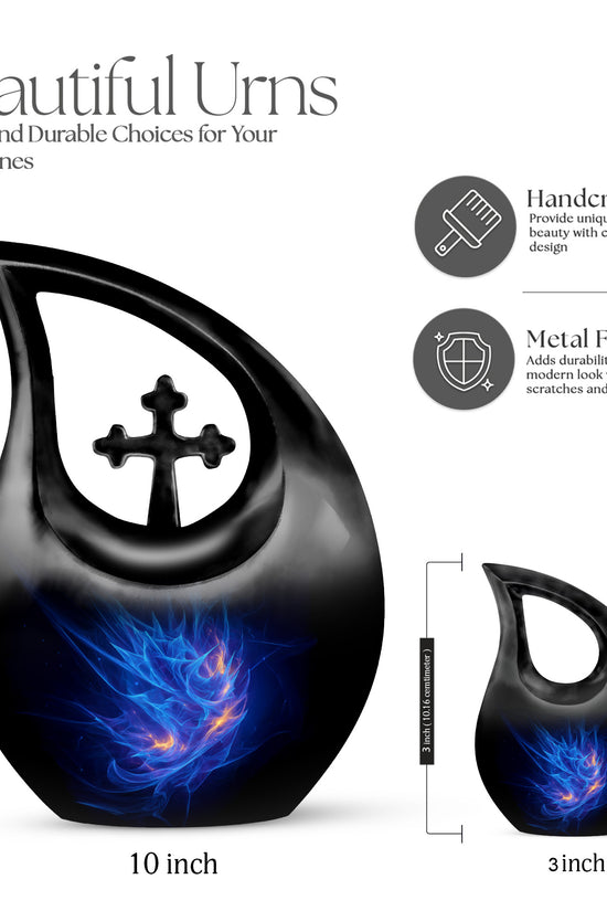 Twilight Blue Blue Cremation Urn back view with polished surface - faith-inspired cross-drop urn with blue pattern - mini keepsake memorial for portion of cremation ashes