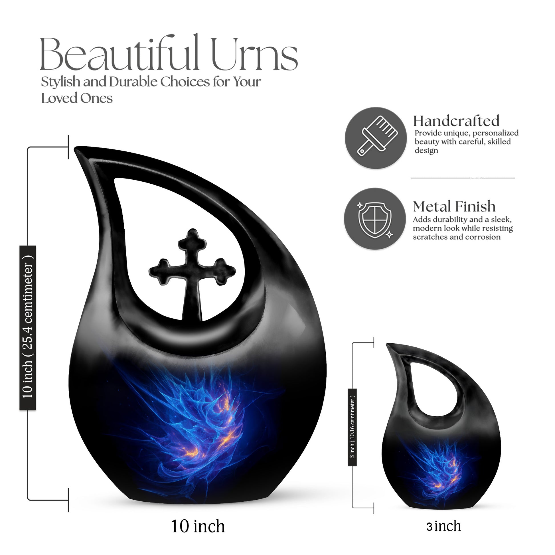 Twilight Blue Blue Cremation Urn back view with polished surface - faith-inspired cross-drop urn with blue pattern - mini keepsake memorial for portion of cremation ashes