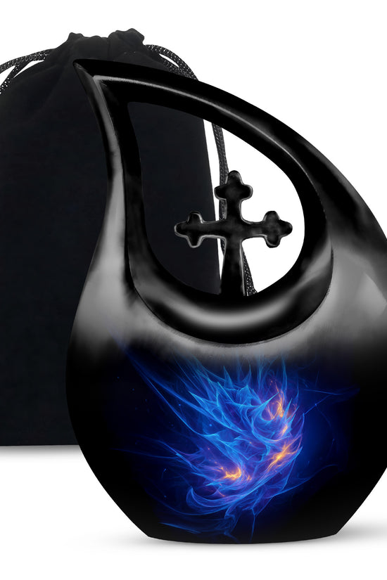 Bright Blue Blue Cremation Urn top-down view of secure threaded lid - faith-inspired cross-drop urn with blue pattern - full-size 10 inch 200 cubic inch adult cremation urn