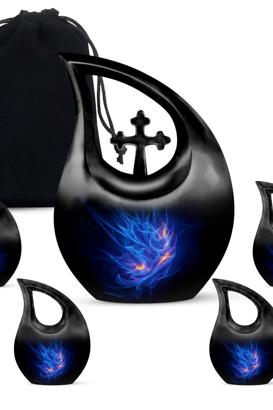 Icy Blue Blue Cremation Urn urn with complimentary velvet bag - sacred cross merged with blue motif on metal - memorial set with one large and four small urns