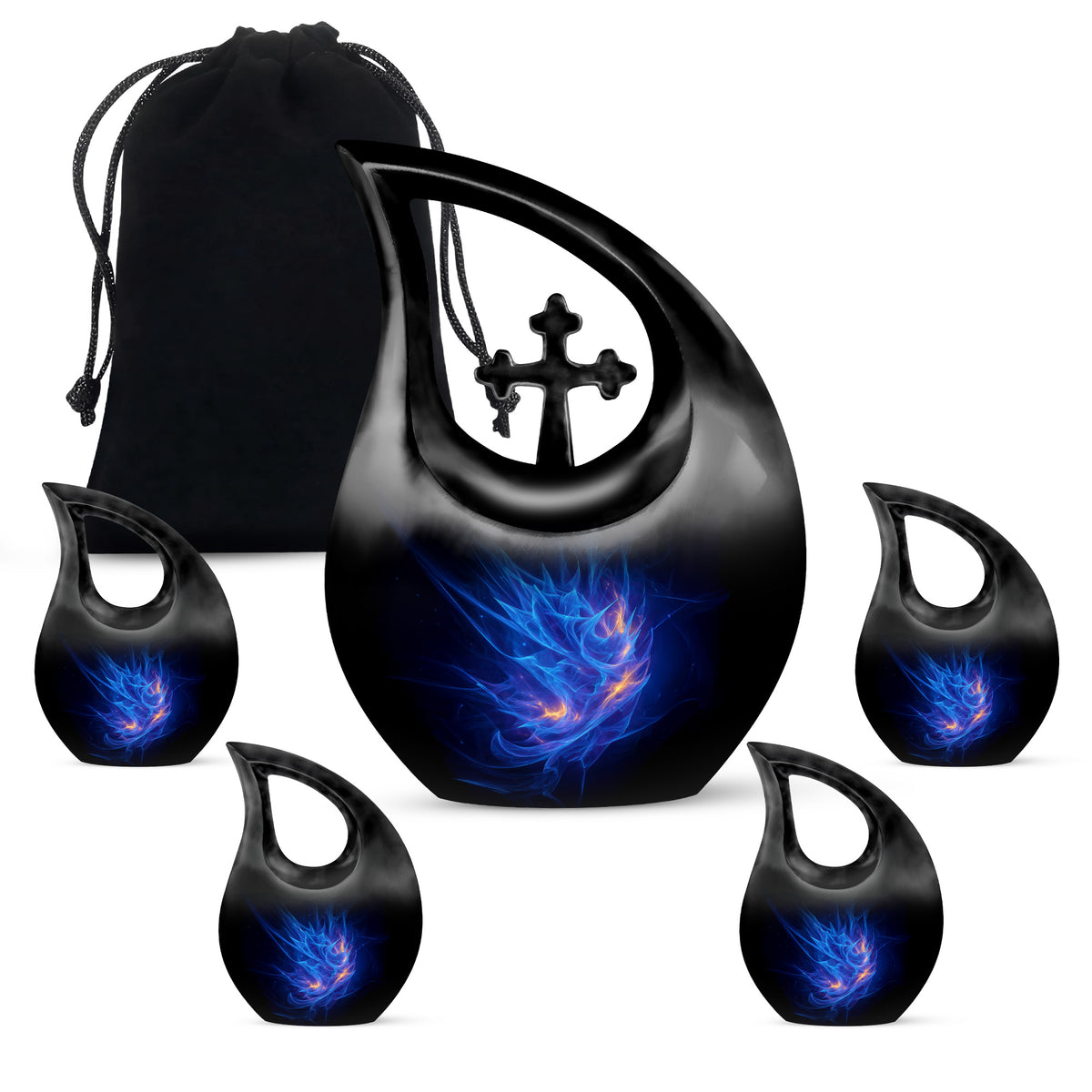 Icy Blue Blue Cremation Urn urn with complimentary velvet bag - sacred cross merged with blue motif on metal - memorial set with one large and four small urns