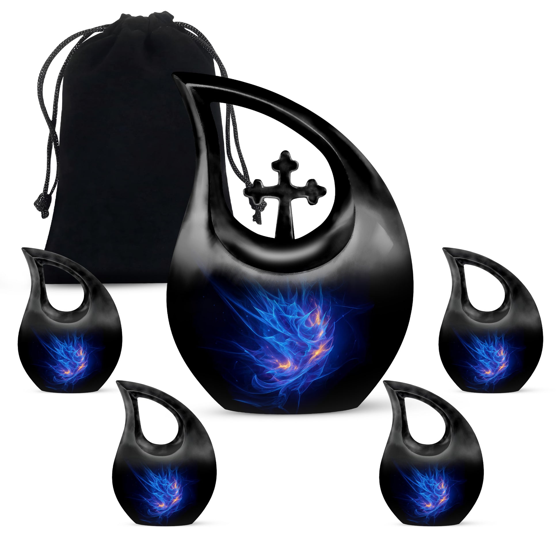 Icy Blue Blue Cremation Urn urn with complimentary velvet bag - sacred cross merged with blue motif on metal - memorial set with one large and four small urns