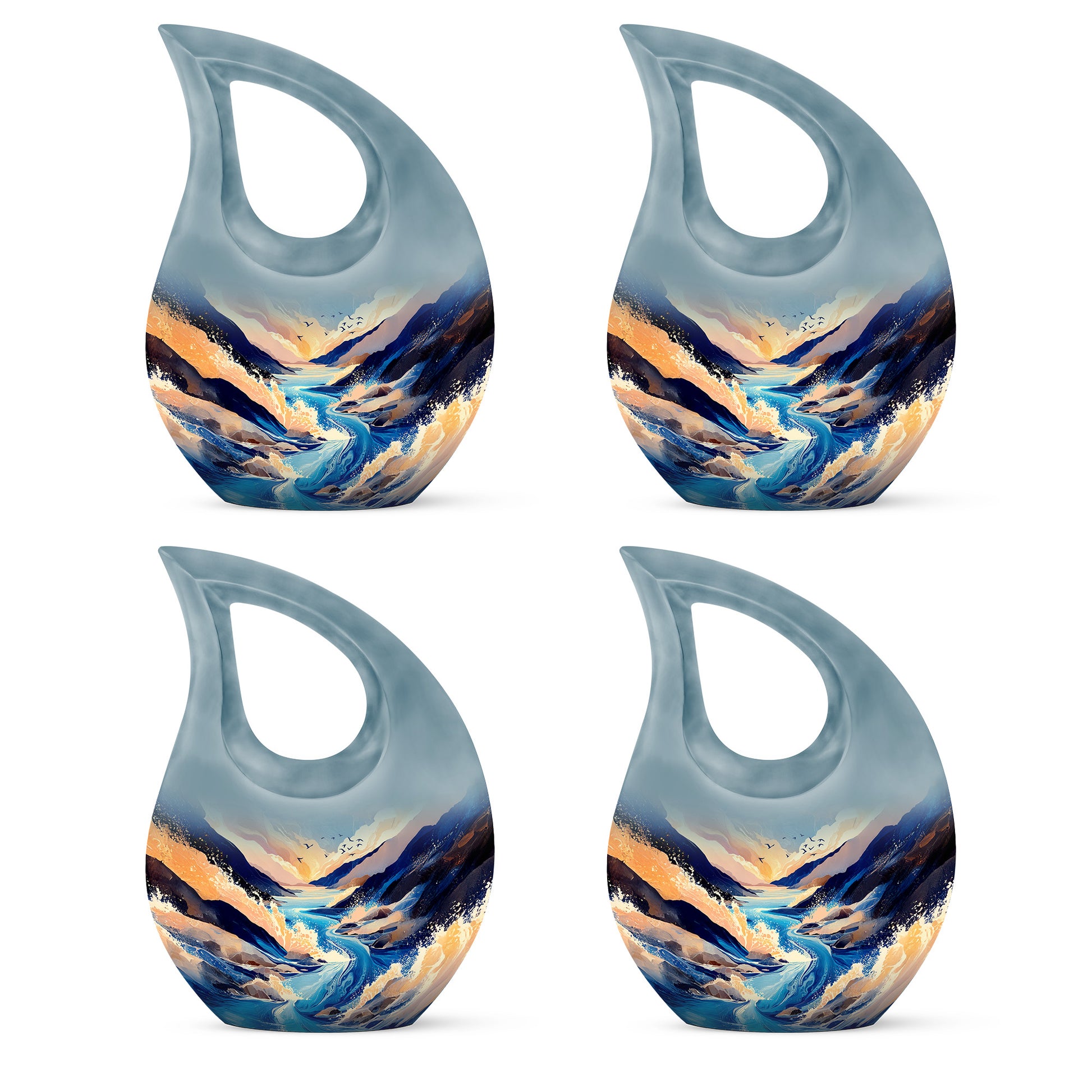 Icy Blue Blue Cremation Urn lifestyle display on memorial shelf - sacred cross merged with blue motif on metal - 10 inch aluminum urn for cremated remains