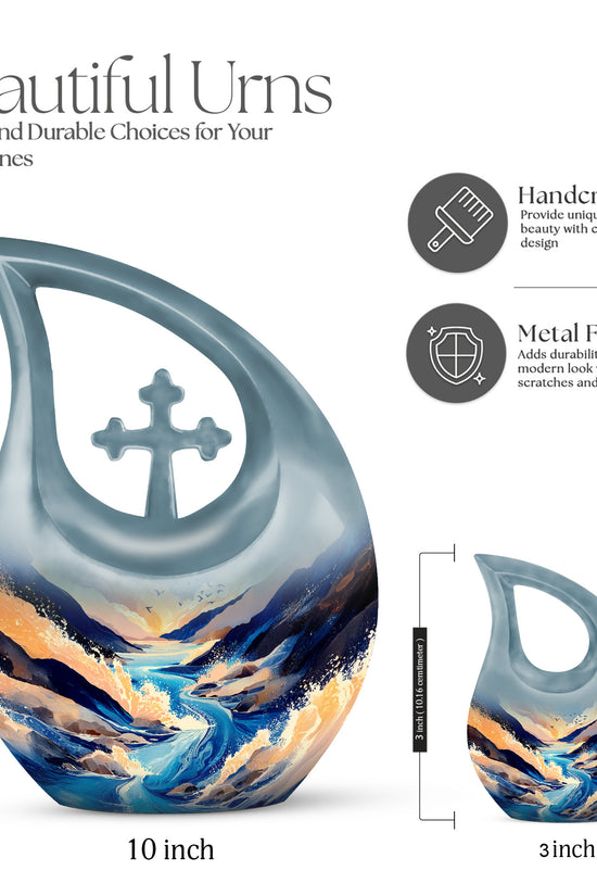 Cornflower Blue Blue Cremation Urn back view with polished surface - faith-inspired cross-drop urn with blue pattern - mini keepsake memorial for portion of cremation ashes