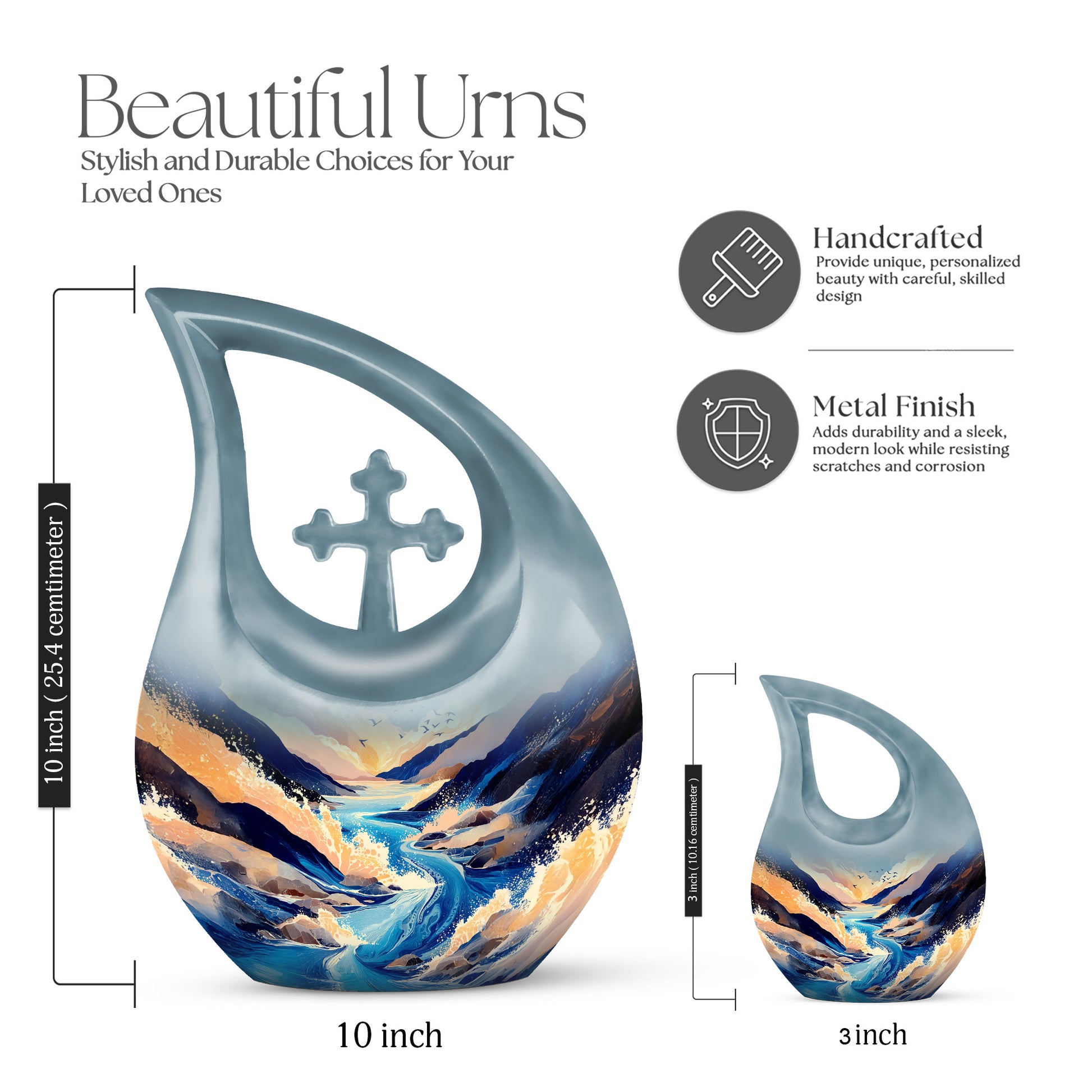 Cornflower Blue Blue Cremation Urn back view with polished surface - faith-inspired cross-drop urn with blue pattern - mini keepsake memorial for portion of cremation ashes