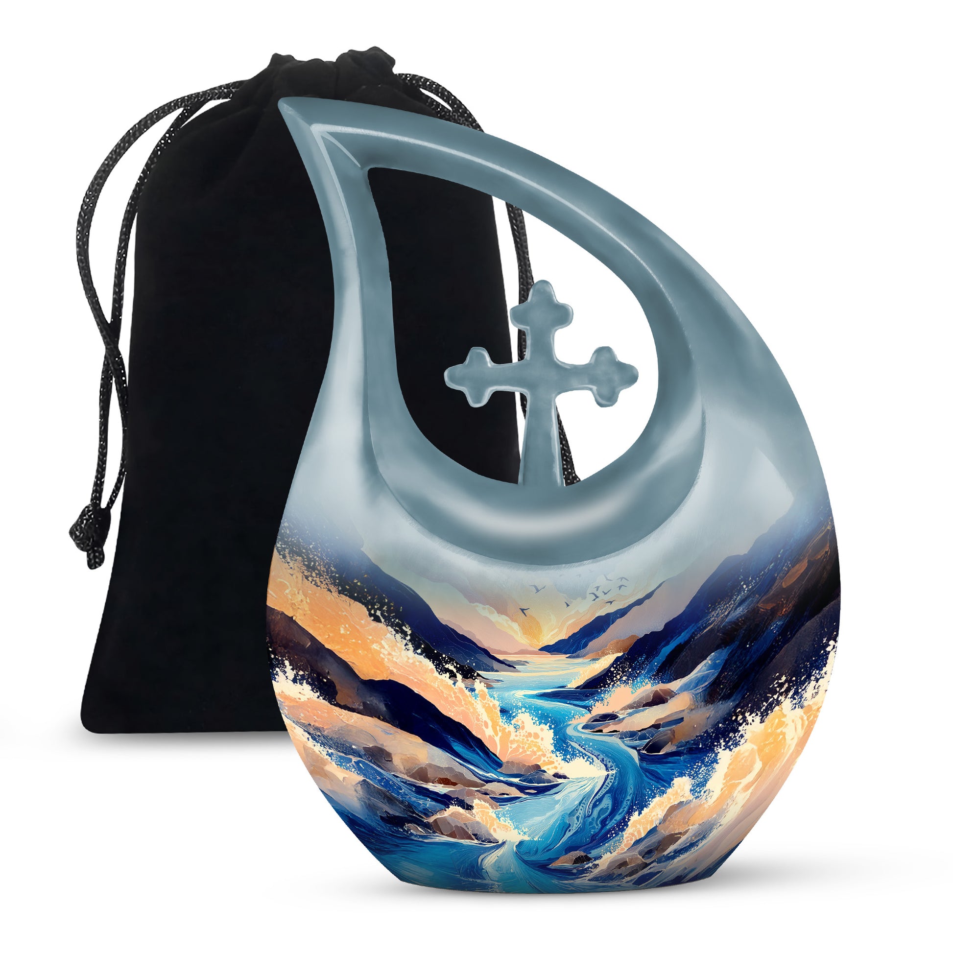 Pastel Blue Blue Cremation Urn top-down view of secure threaded lid - sacred cross merged with blue motif on metal - full-size 10 inch 200 cubic inch adult cremation urn