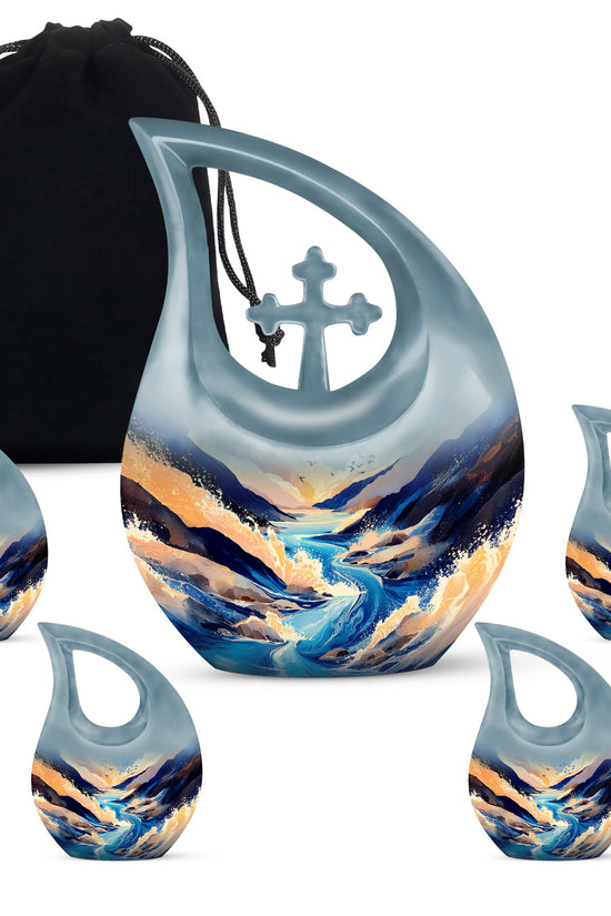 Misty Blue Blue Cremation Urn urn with complimentary velvet bag - cross and blue combined in spiritual memorial design - memorial set with one large and four small urns