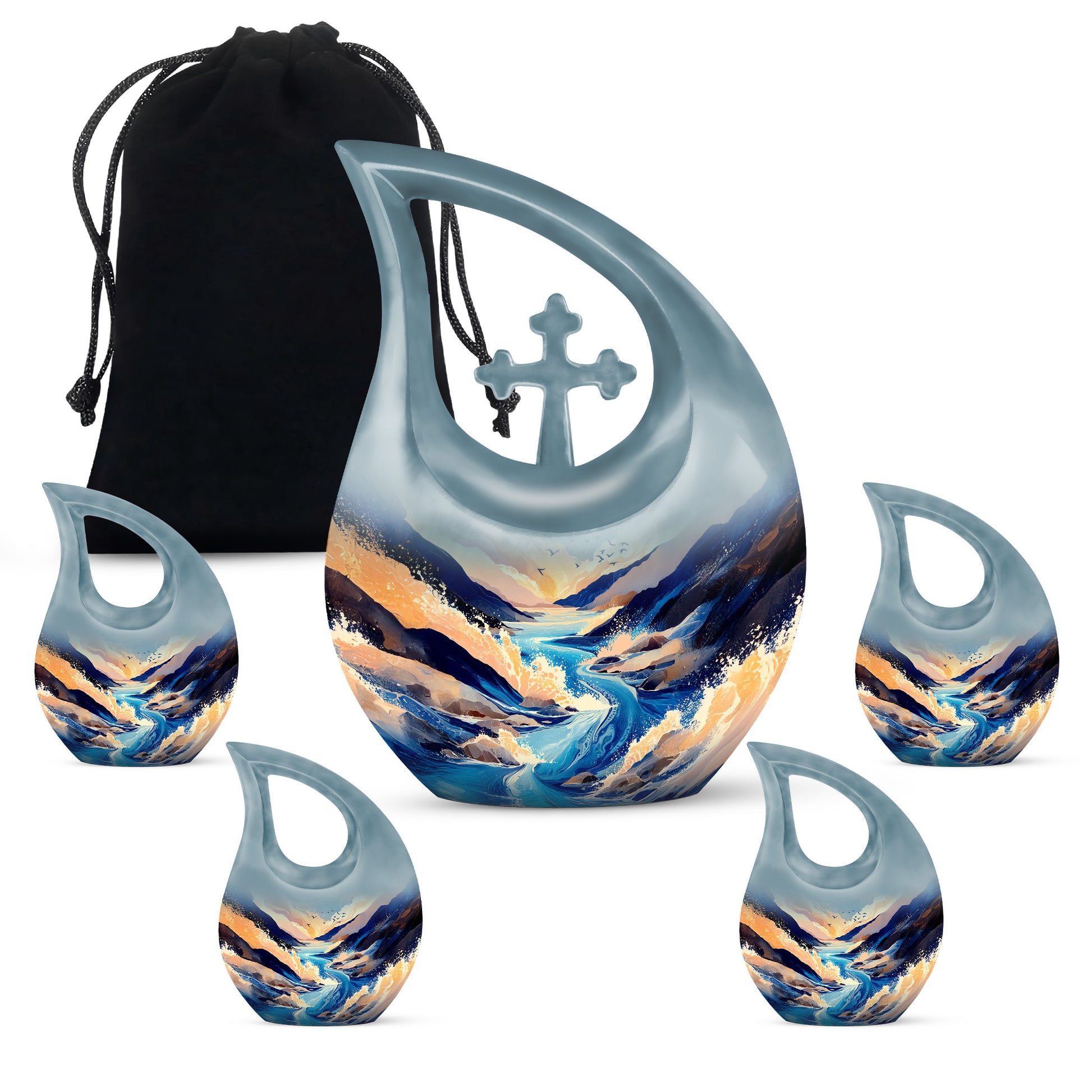 Misty Blue Blue Cremation Urn urn with complimentary velvet bag - cross and blue combined in spiritual memorial design - memorial set with one large and four small urns