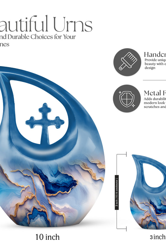 Cobalt Blue Blue Cremation Urn back view with polished surface - devotional cross-drop blue engraving - mini keepsake memorial for portion of cremation ashes