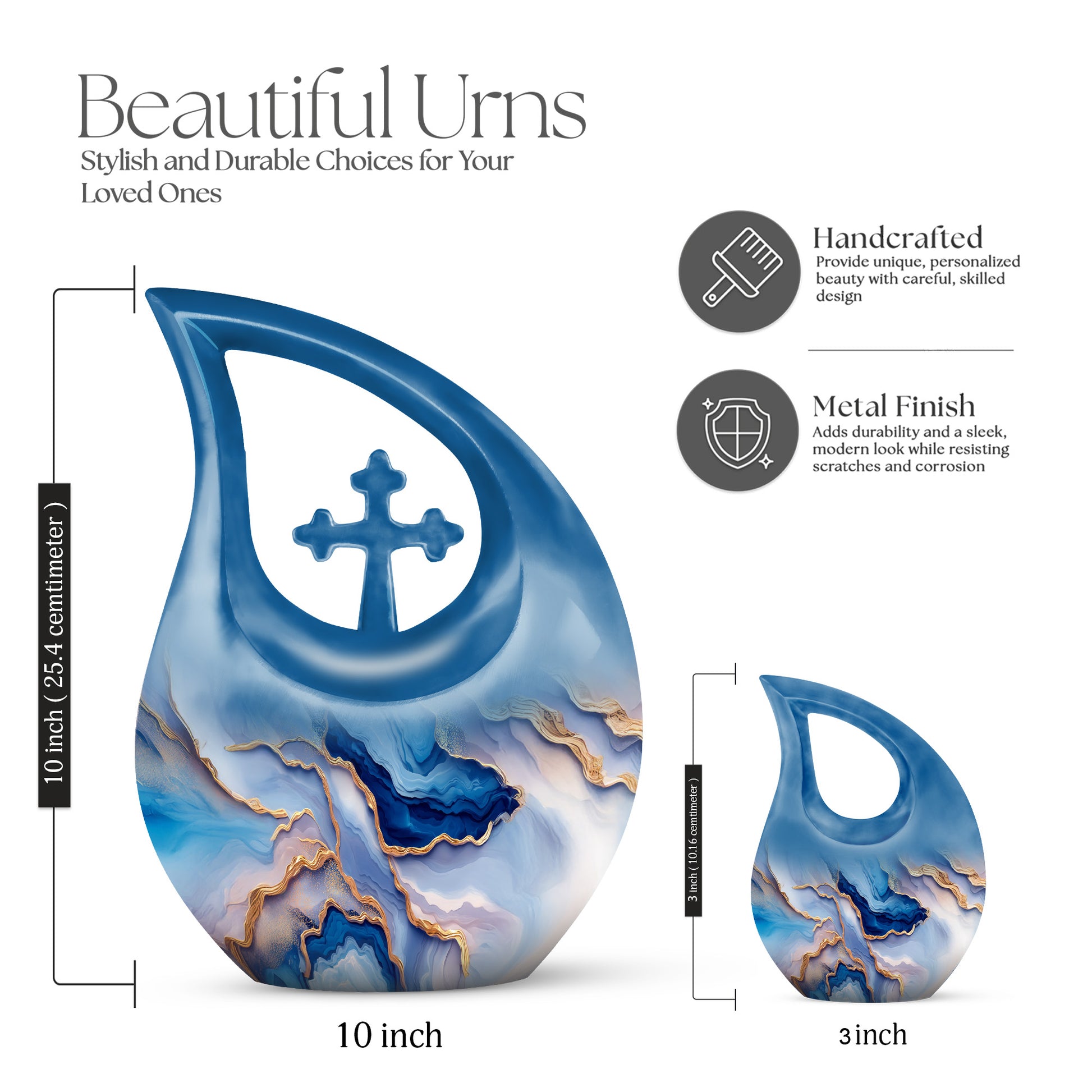 Cobalt Blue Blue Cremation Urn back view with polished surface - devotional cross-drop blue engraving - mini keepsake memorial for portion of cremation ashes