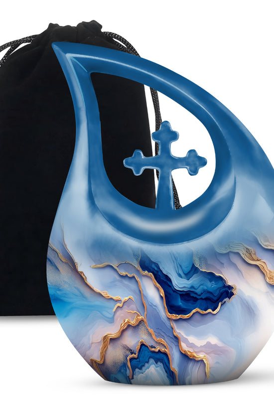 Soft Blue Blue Cremation Urn top-down view of secure threaded lid - devotional cross-drop blue engraving - full-size 10 inch 200 cubic inch adult cremation urn
