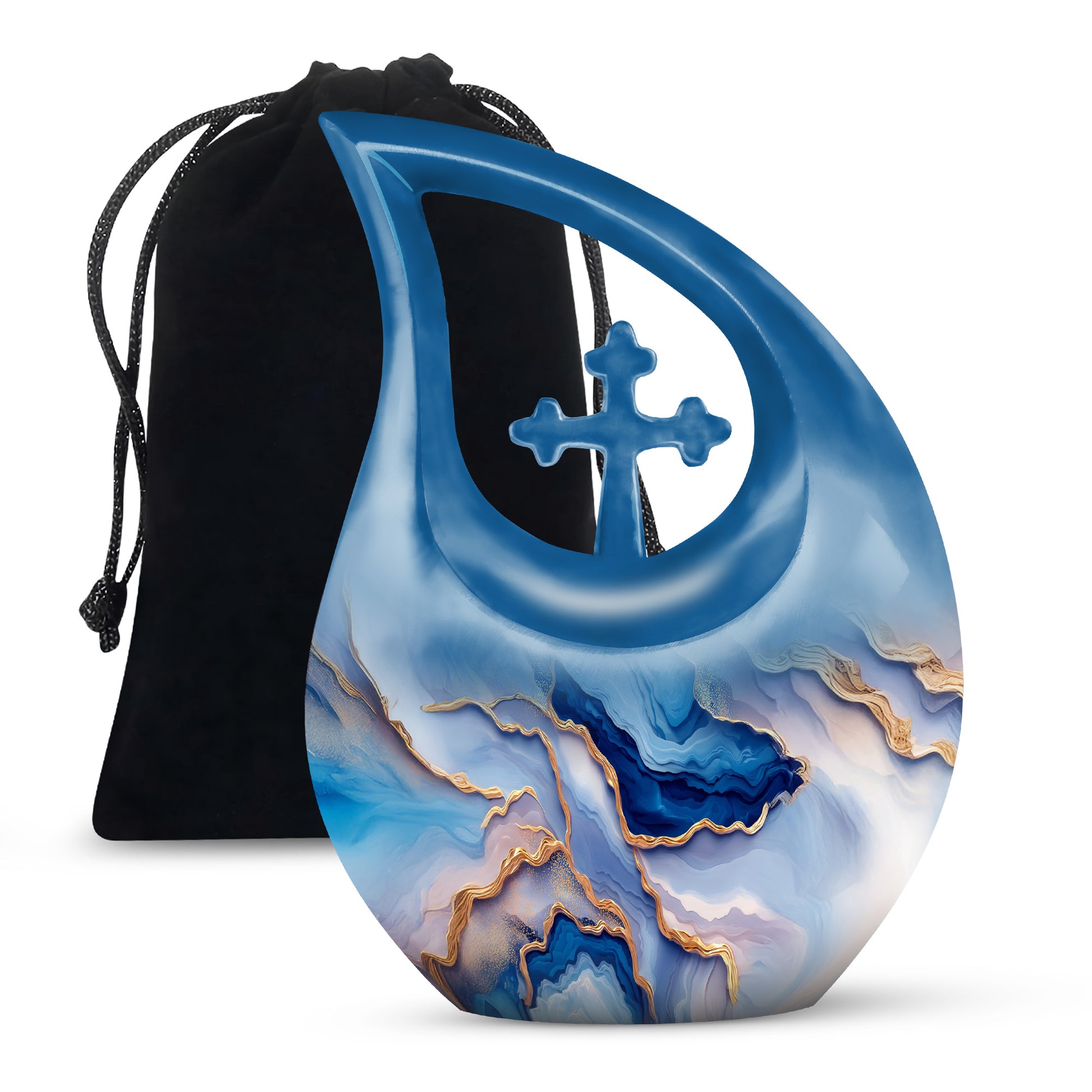 Soft Blue Blue Cremation Urn top-down view of secure threaded lid - devotional cross-drop blue engraving - full-size 10 inch 200 cubic inch adult cremation urn
