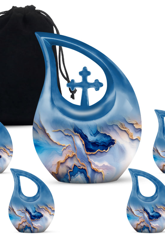 Misty Blue Blue Cremation Urn urn with complimentary velvet bag - sacred cross merged with blue motif on metal - memorial set with one large and four small urns