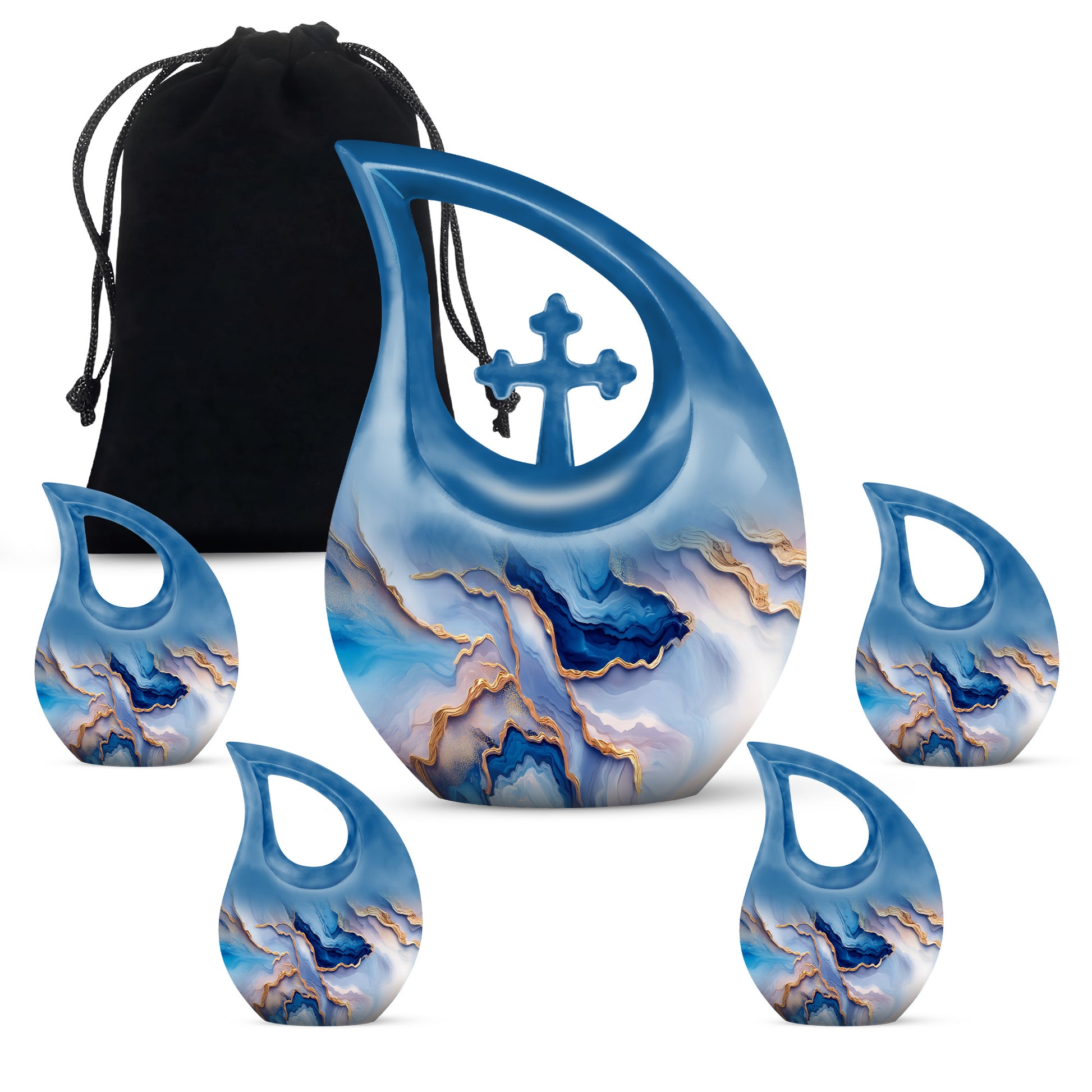 Misty Blue Blue Cremation Urn urn with complimentary velvet bag - sacred cross merged with blue motif on metal - memorial set with one large and four small urns
