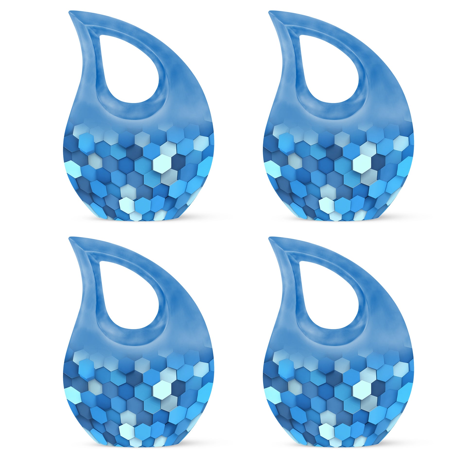 Celestial Blue Blue Cremation Urn lifestyle display on memorial shelf - cross and blue combined in spiritual memorial design - 10 inch aluminum urn for cremated remains