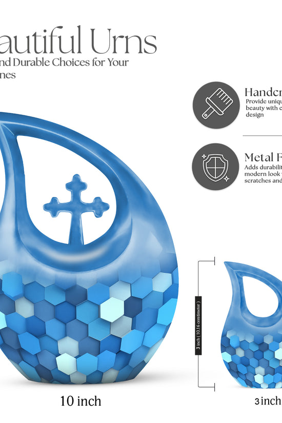 Cornflower Blue Blue Cremation Urn back view with polished surface - faith-inspired cross-drop urn with blue pattern - mini keepsake memorial for portion of cremation ashes