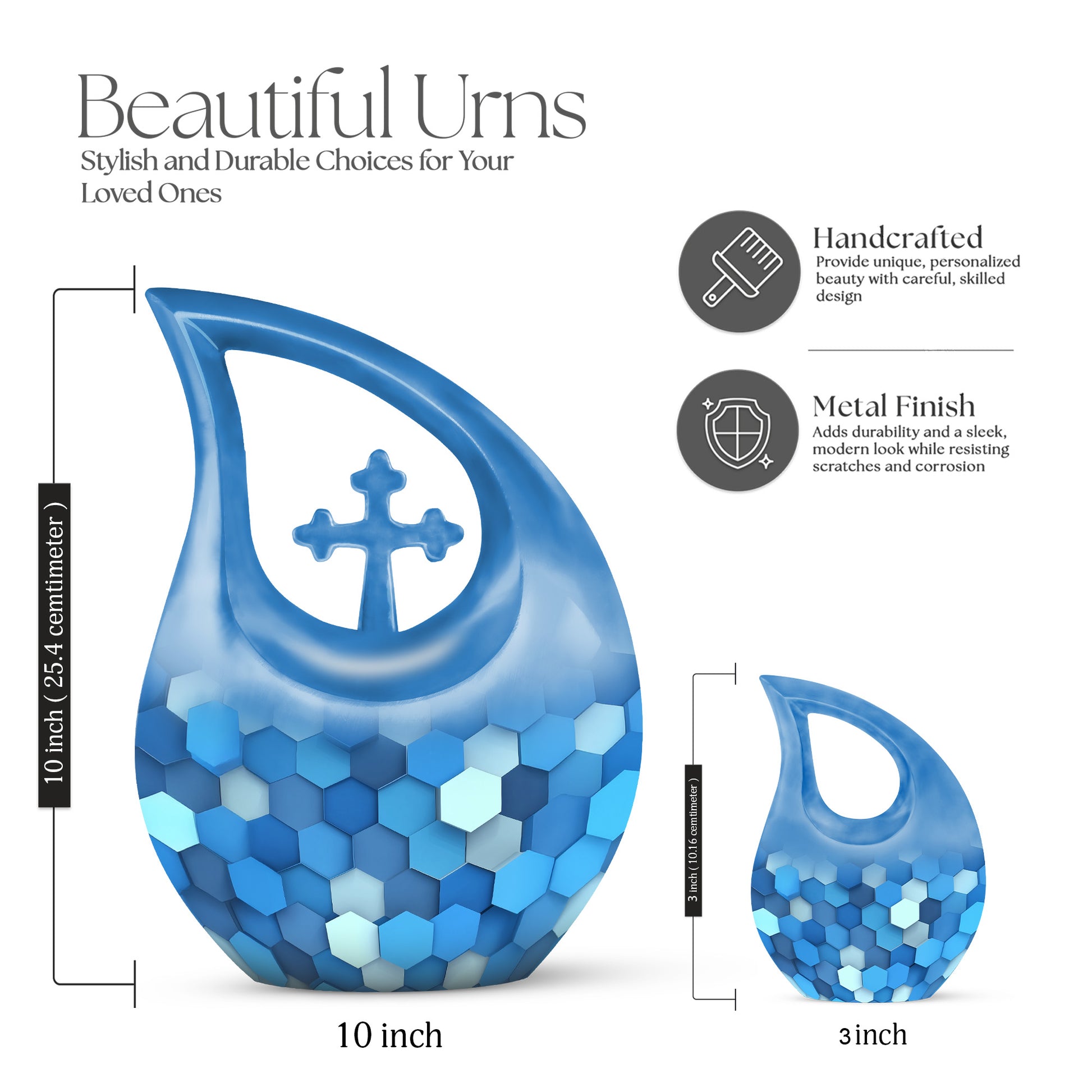 Cornflower Blue Blue Cremation Urn back view with polished surface - faith-inspired cross-drop urn with blue pattern - mini keepsake memorial for portion of cremation ashes