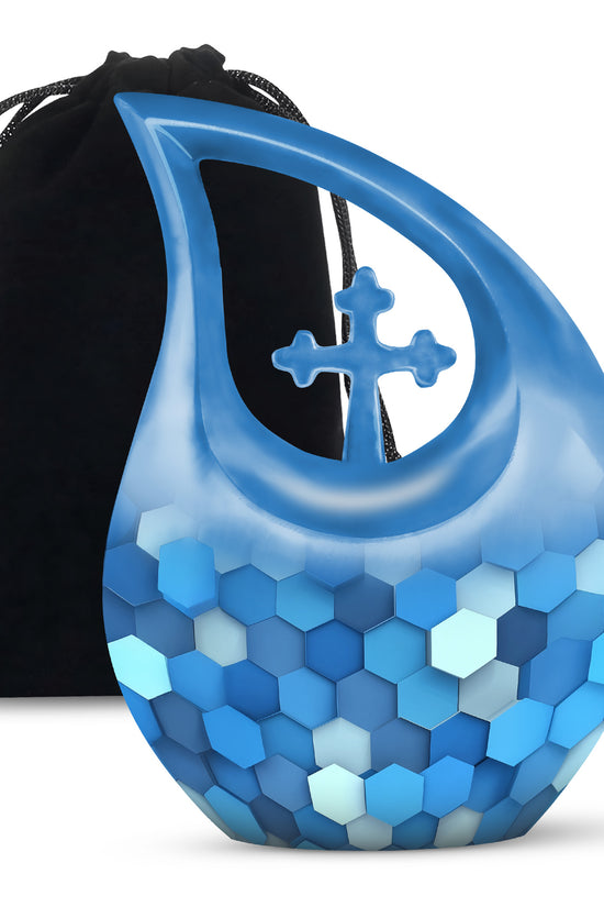 Twilight Blue Blue Cremation Urn top-down view of secure threaded lid - devotional cross-drop blue engraving - full-size 10 inch 200 cubic inch adult cremation urn