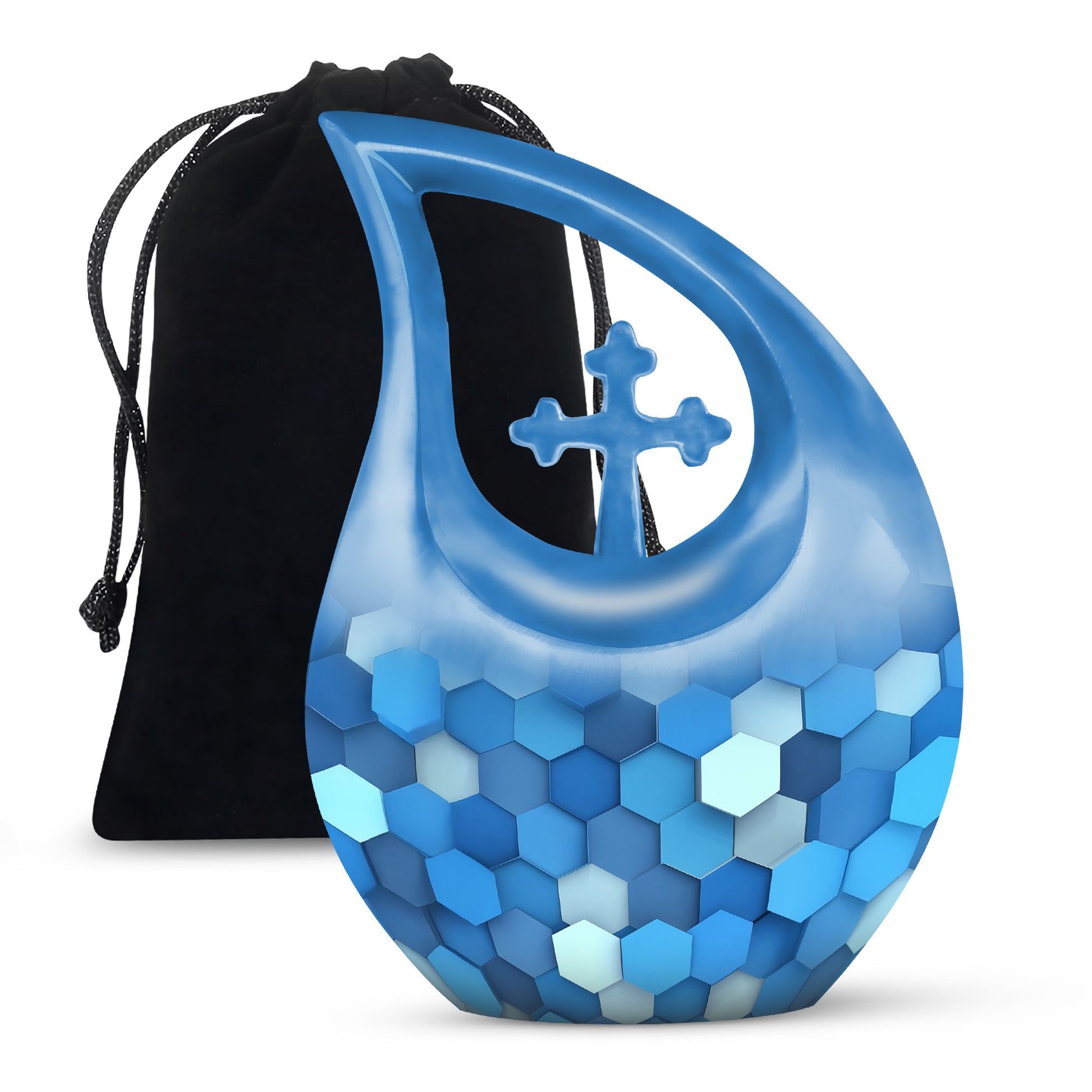 Twilight Blue Blue Cremation Urn top-down view of secure threaded lid - devotional cross-drop blue engraving - full-size 10 inch 200 cubic inch adult cremation urn