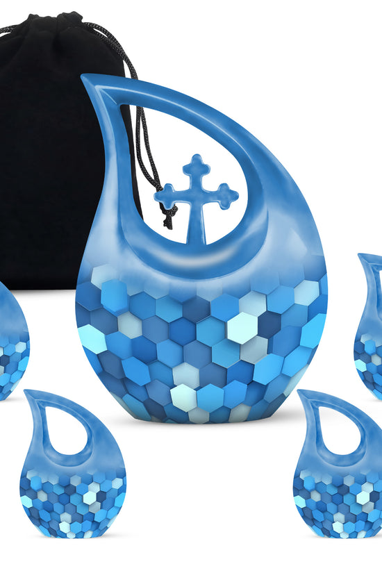 Indigo Blue Cremation Urn urn with complimentary velvet bag - sacred cross merged with blue motif on metal - memorial set with one large and four small urns