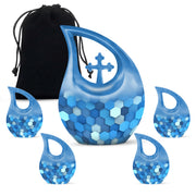 Indigo Blue Cremation Urn urn with complimentary velvet bag - sacred cross merged with blue motif on metal - memorial set with one large and four small urns