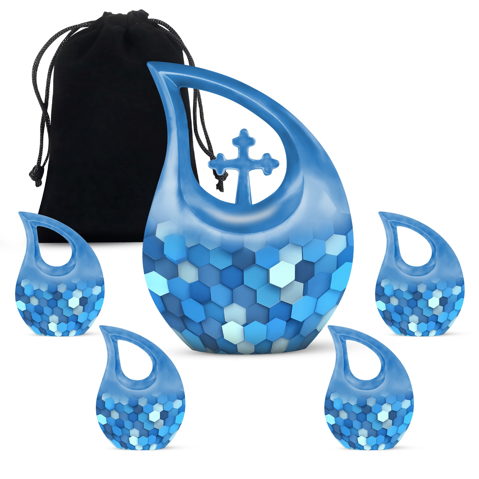 Indigo Blue Cremation Urn urn with complimentary velvet bag - sacred cross merged with blue motif on metal - memorial set with one large and four small urns