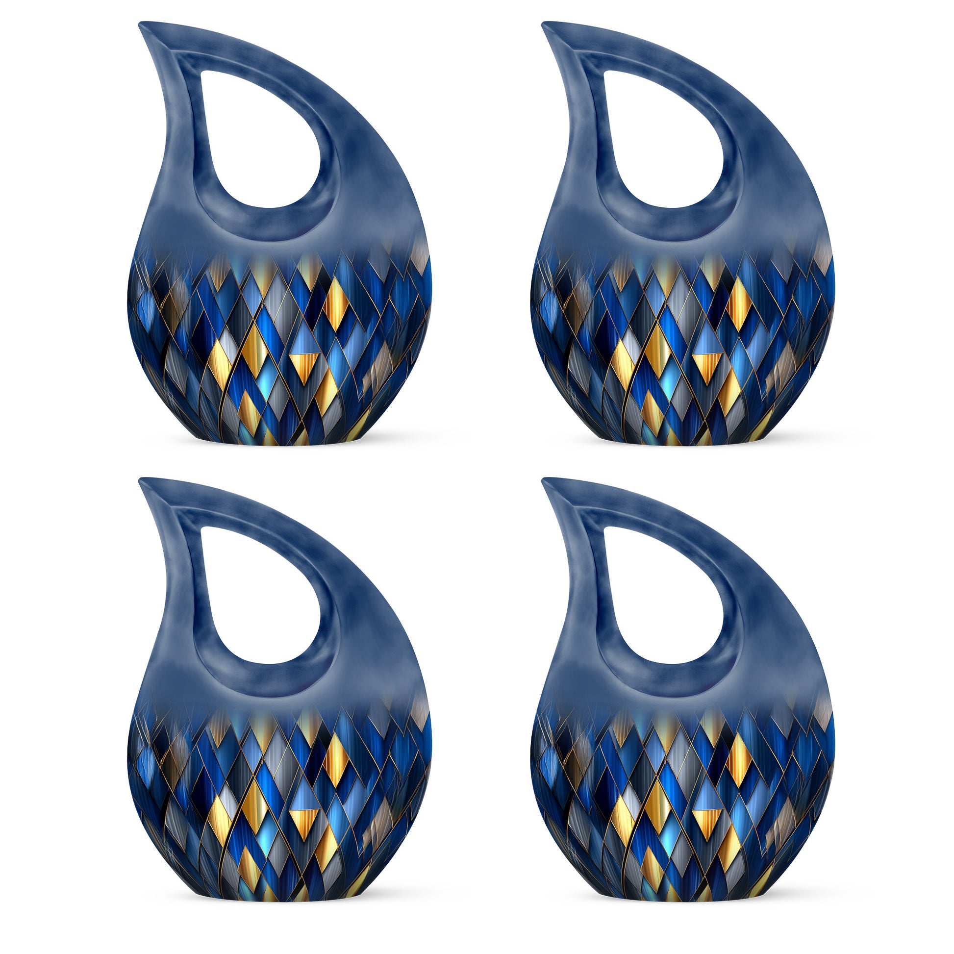 Powder Blue Blue Cremation Urn lifestyle display on memorial shelf - cross and blue combined in spiritual memorial design - 10 inch aluminum urn for cremated remains