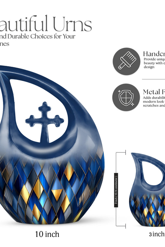 Dusty Blue Blue Cremation Urn back view with polished surface - sacred cross merged with blue motif on metal - mini keepsake memorial for portion of cremation ashes