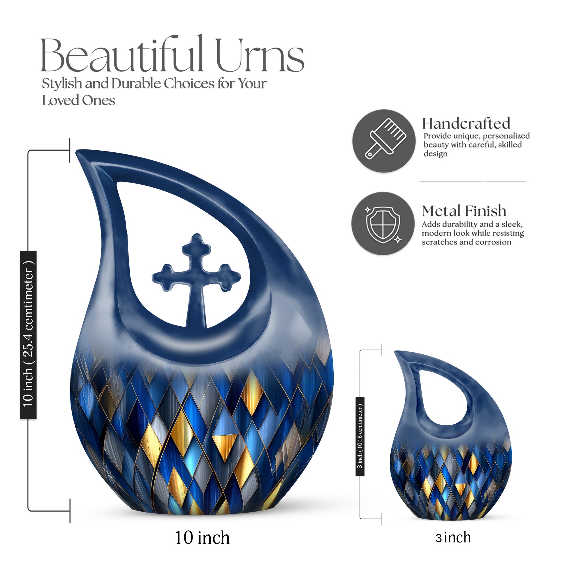 Dusty Blue Blue Cremation Urn back view with polished surface - sacred cross merged with blue motif on metal - mini keepsake memorial for portion of cremation ashes