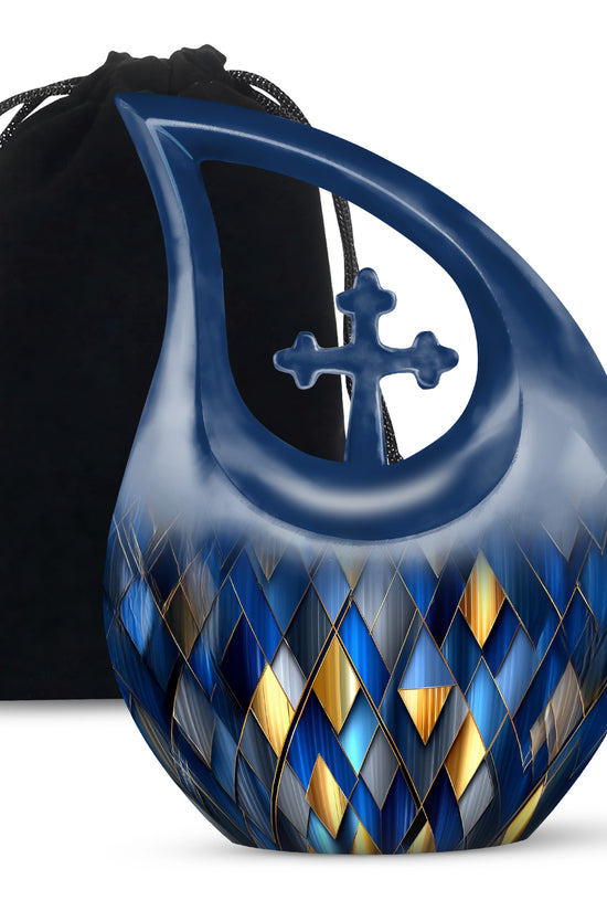 Cornflower Blue Blue Cremation Urn top-down view of secure threaded lid - faith-inspired cross-drop urn with blue pattern - full-size 10 inch 200 cubic inch adult cremation urn