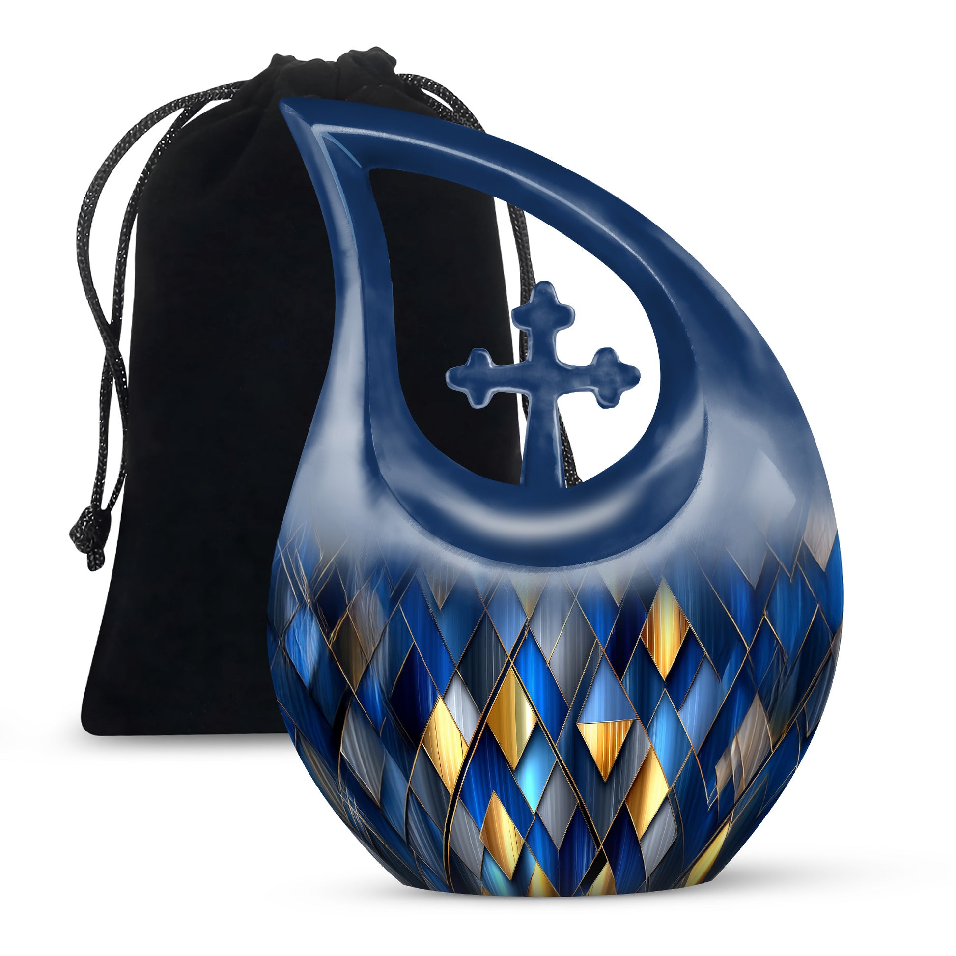 Cornflower Blue Blue Cremation Urn top-down view of secure threaded lid - faith-inspired cross-drop urn with blue pattern - full-size 10 inch 200 cubic inch adult cremation urn