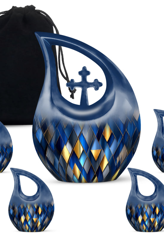 Soft Blue Blue Cremation Urn urn with complimentary velvet bag - faith-inspired cross-drop urn with blue pattern - memorial set with one large and four small urns