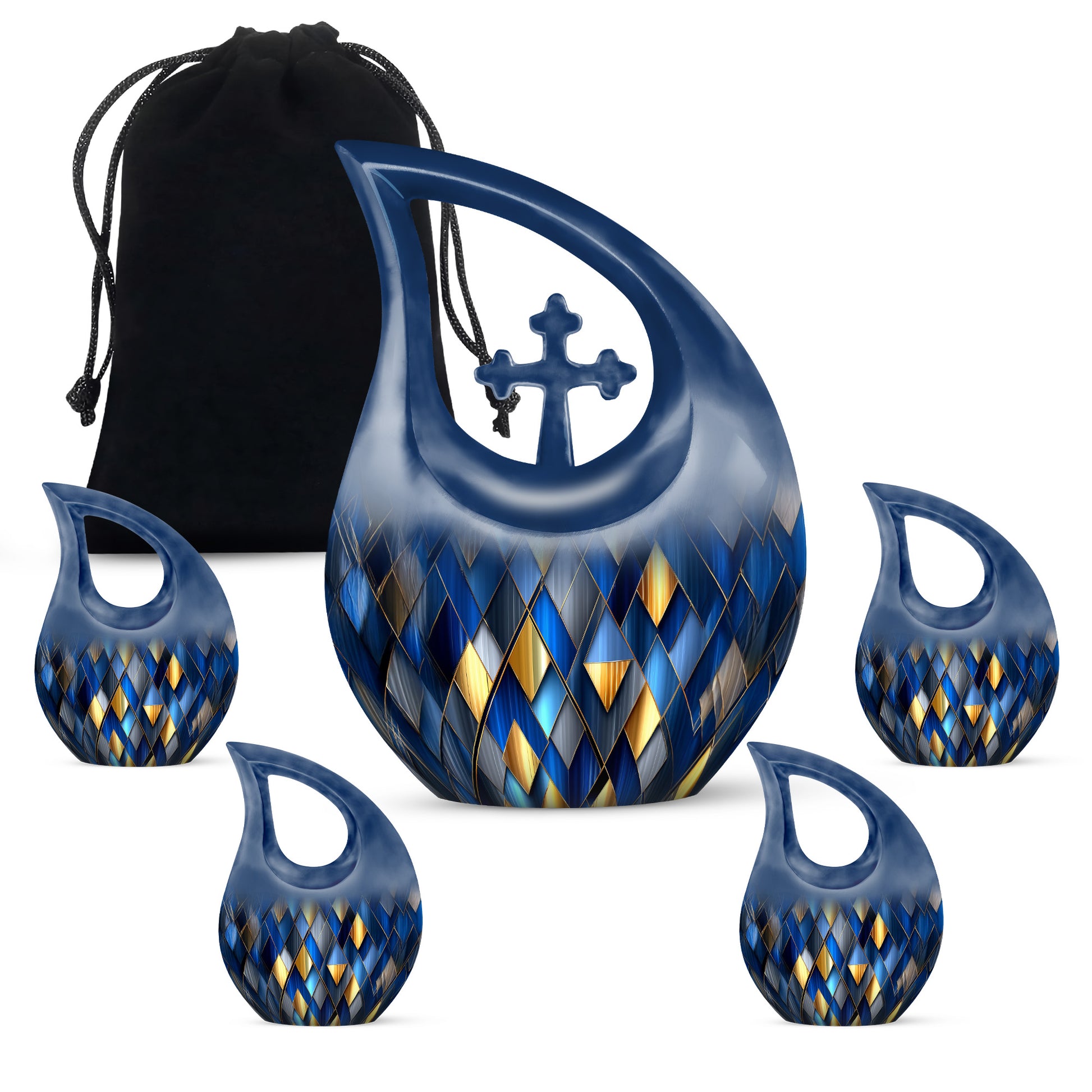 Soft Blue Blue Cremation Urn urn with complimentary velvet bag - faith-inspired cross-drop urn with blue pattern - memorial set with one large and four small urns