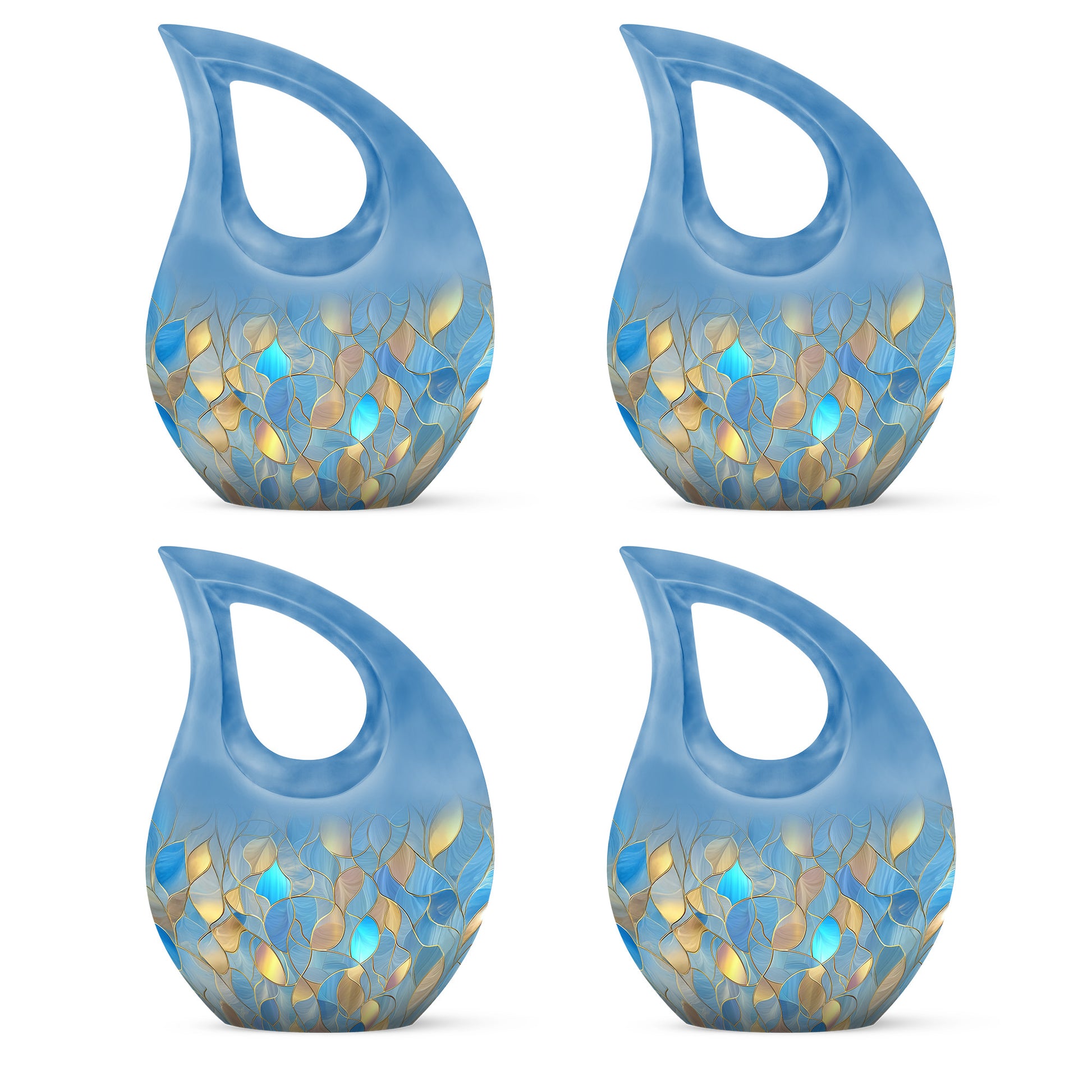 Pastel Blue Blue Cremation Urn lifestyle display on memorial shelf - sacred cross merged with blue motif on metal - 10 inch aluminum urn for cremated remains