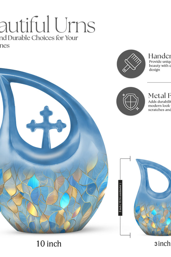 Serene Blue Blue Cremation Urn back view with polished surface - faith-inspired cross-drop urn with blue pattern - mini keepsake memorial for portion of cremation ashes