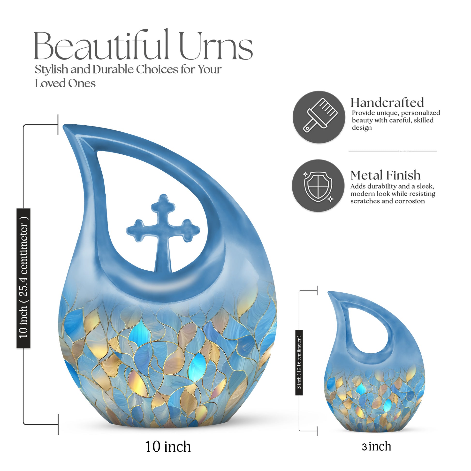 Serene Blue Blue Cremation Urn back view with polished surface - faith-inspired cross-drop urn with blue pattern - mini keepsake memorial for portion of cremation ashes