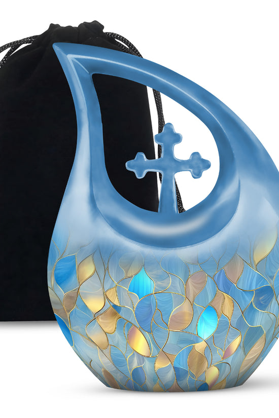 Bright Blue Blue Cremation Urn top-down view of secure threaded lid - faith-inspired cross-drop urn with blue pattern - full-size 10 inch 200 cubic inch adult cremation urn
