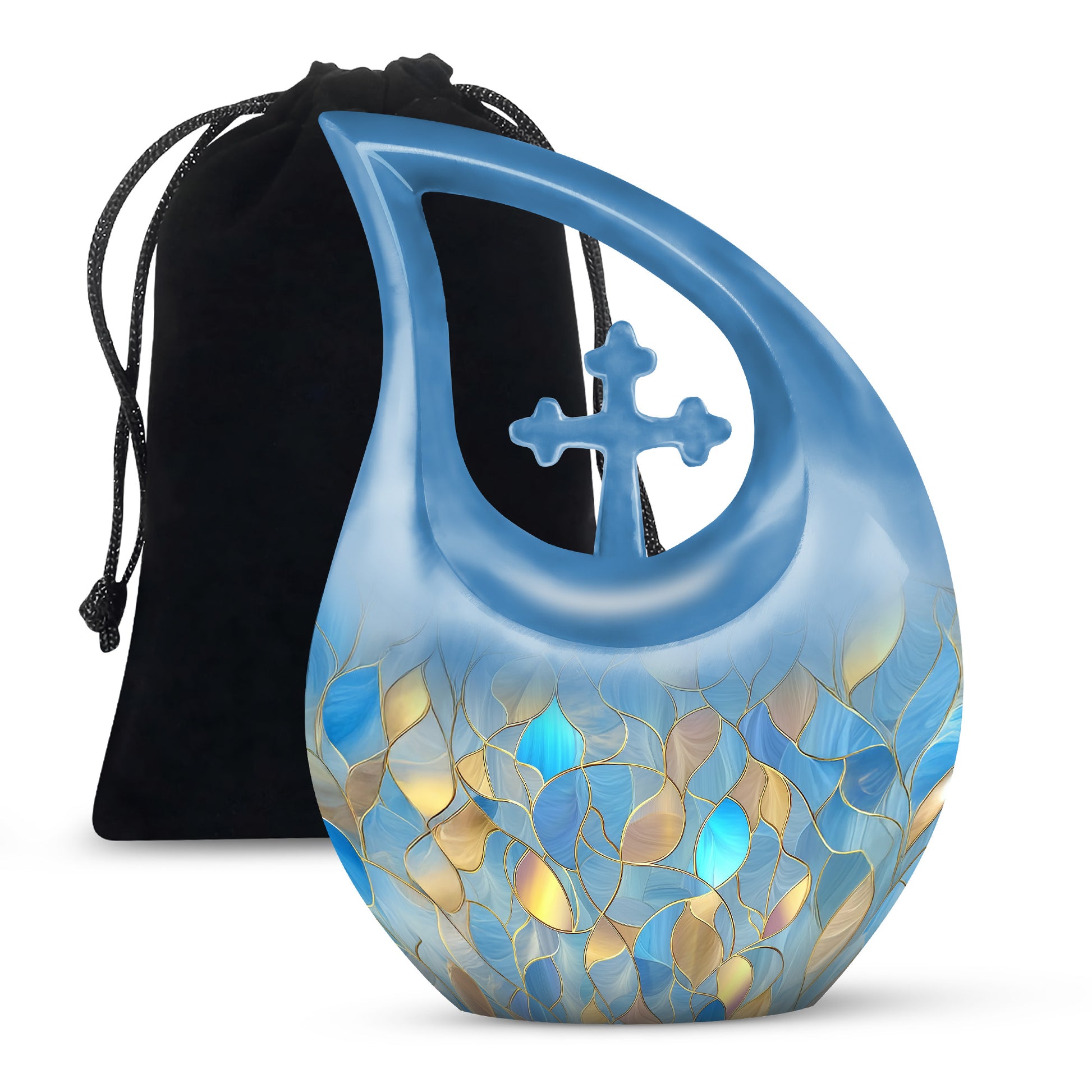 Bright Blue Blue Cremation Urn top-down view of secure threaded lid - faith-inspired cross-drop urn with blue pattern - full-size 10 inch 200 cubic inch adult cremation urn
