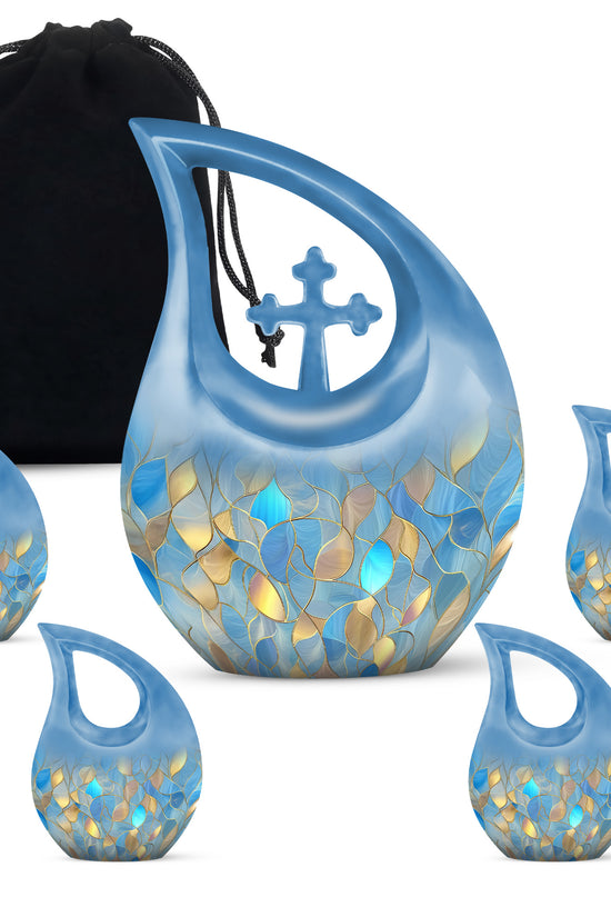 Celestial Blue Blue Cremation Urn urn with complimentary velvet bag - cross and blue combined in spiritual memorial design - memorial set with one large and four small urns