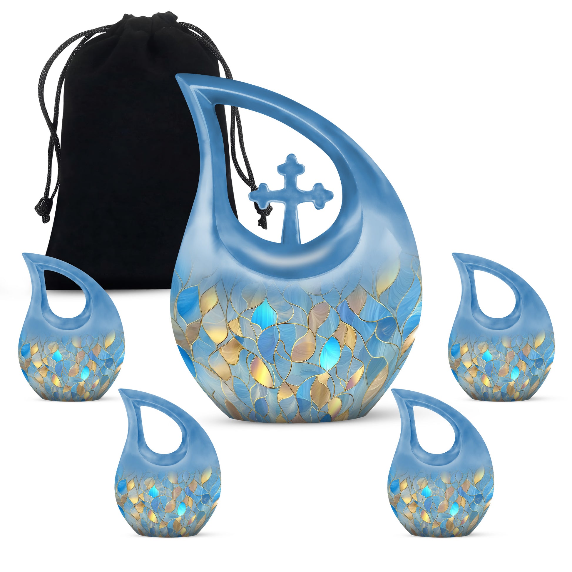 Celestial Blue Blue Cremation Urn urn with complimentary velvet bag - cross and blue combined in spiritual memorial design - memorial set with one large and four small urns