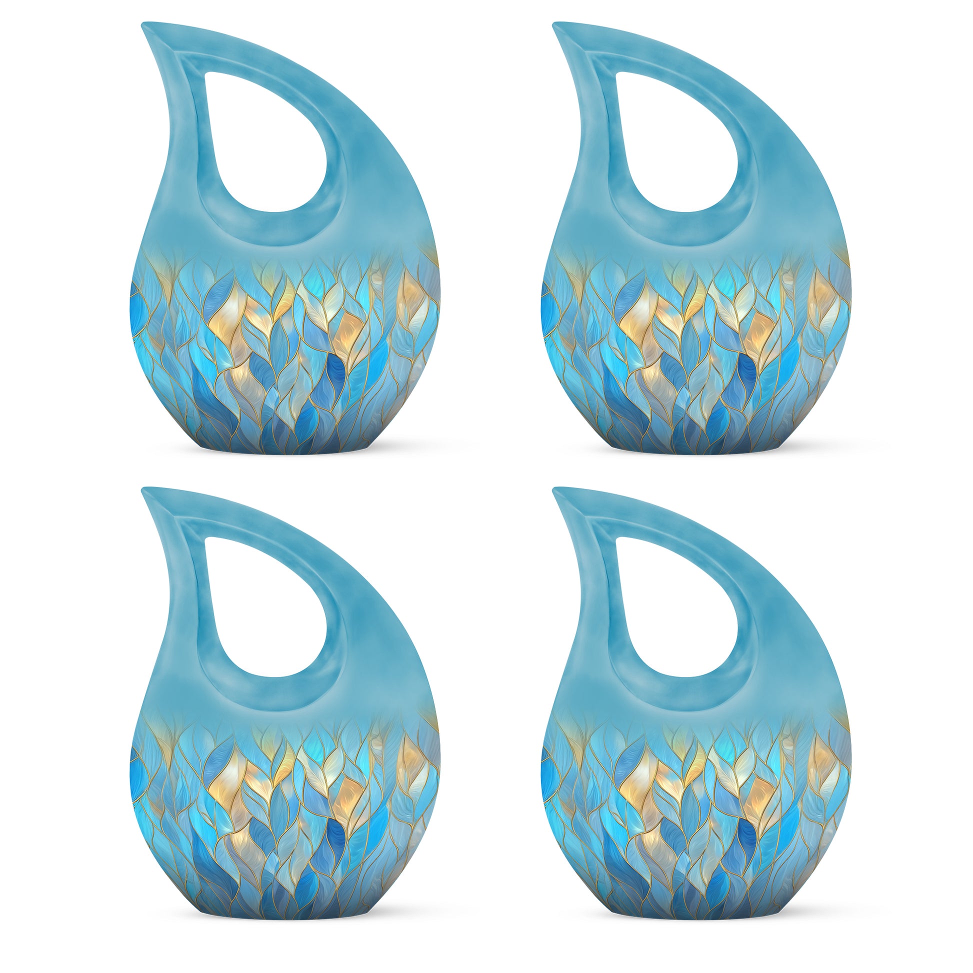 Powder Blue Blue Cremation Urn lifestyle display on memorial shelf - sacred cross merged with blue motif on metal - 10 inch aluminum urn for cremated remains