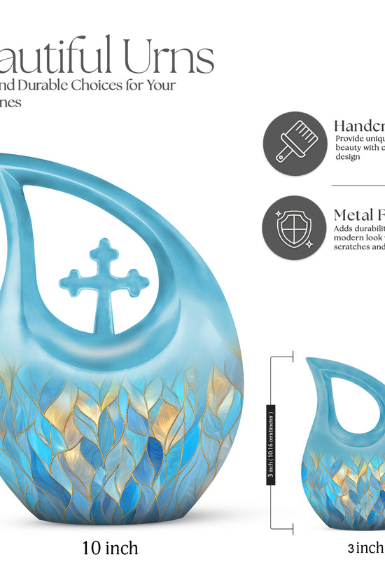 Twilight Blue Blue Cremation Urn back view with polished surface - devotional cross-drop blue engraving - mini keepsake memorial for portion of cremation ashes