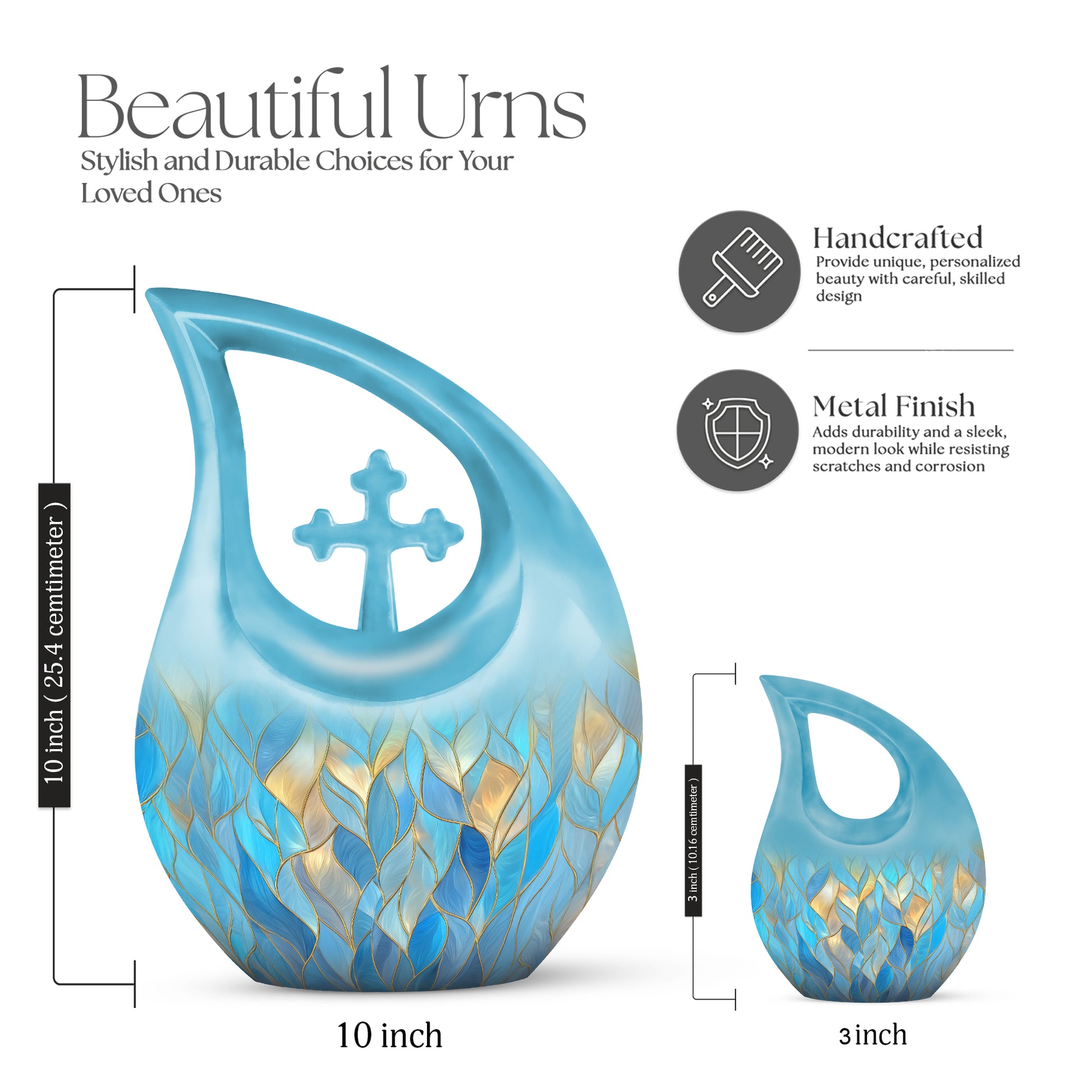 Twilight Blue Blue Cremation Urn back view with polished surface - devotional cross-drop blue engraving - mini keepsake memorial for portion of cremation ashes