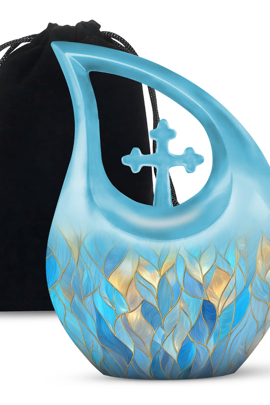 Powder Blue Blue Cremation Urn top-down view of secure threaded lid - sacred cross merged with blue motif on metal - full-size 10 inch 200 cubic inch adult cremation urn