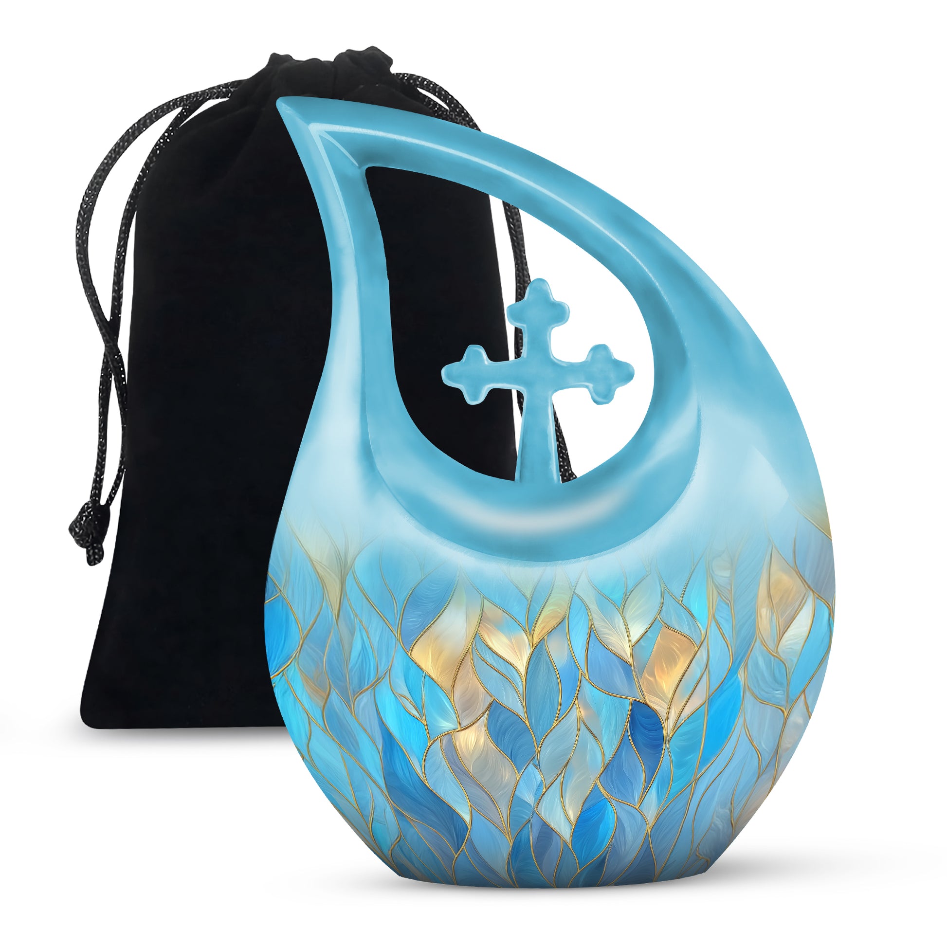Powder Blue Blue Cremation Urn top-down view of secure threaded lid - sacred cross merged with blue motif on metal - full-size 10 inch 200 cubic inch adult cremation urn