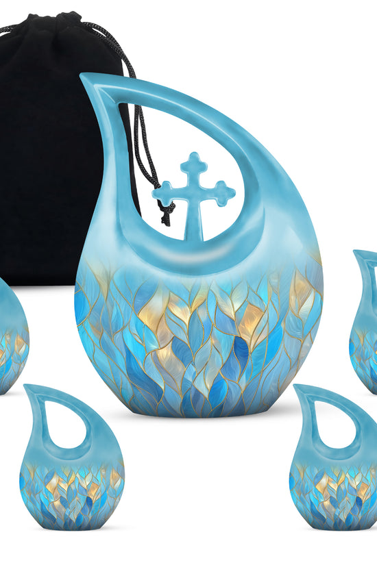 Cornflower Blue Blue Cremation Urn urn with complimentary velvet bag - devotional cross-drop blue engraving - memorial set with one large and four small urns