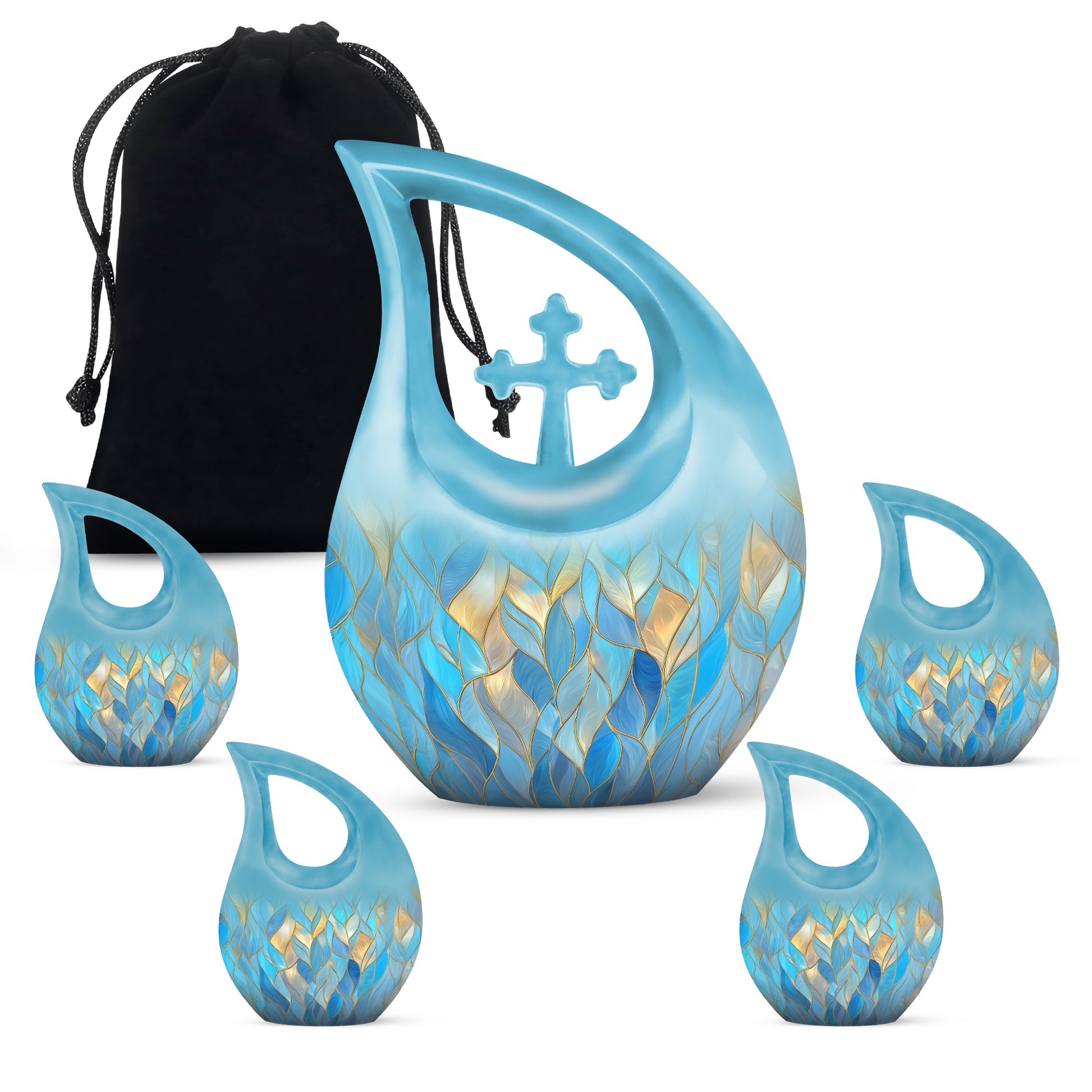 Cornflower Blue Blue Cremation Urn urn with complimentary velvet bag - devotional cross-drop blue engraving - memorial set with one large and four small urns